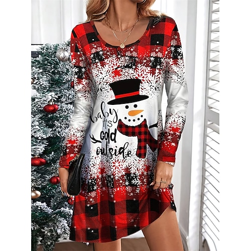 

Mulheres Vestido casual Vestido de Natal Vestido T shirt Xadrez Boneco de Neve Imprimir Decote V Minivestido Moda Roupa de rua Ao ar livre Natal Manga Longa Ajuste Largo Vinho Azul Laranja Outono