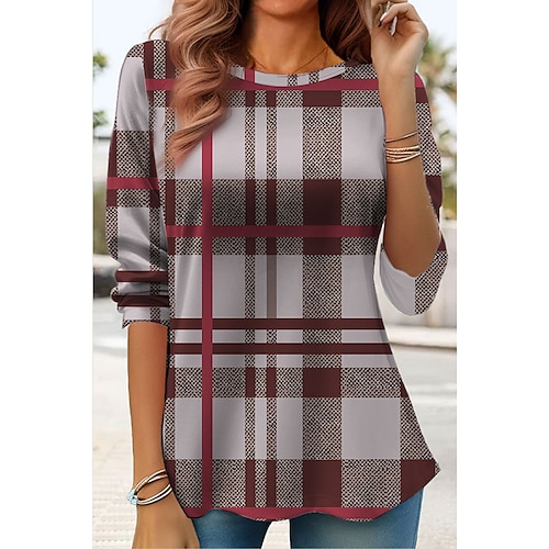 

Women's T shirt Tee Red Blue Purple Plaid Print Long Sleeve Daily Weekend Fashion Round Neck Regular Fit Painting Spring Fall