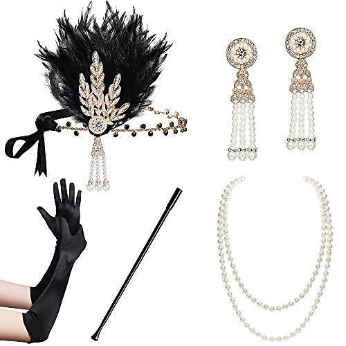 

Vintage 1920s The Great Gatsby Flapper Headband Accessories Set Necklace Earrings Charleston Women's Feather Cosplay Costume Masquerade Festival Gloves