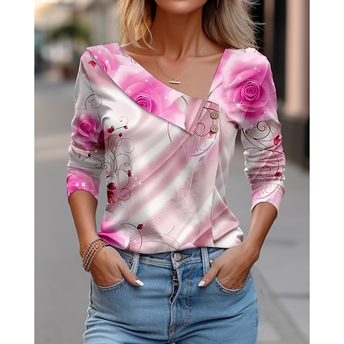 

Femme T shirt Tee Jaune Rose Claire Bleu Floral Bouton Imprimer manche longue Vacances Fin de semaine Mode Col V Standard Fleur Peinture Printemps Automne