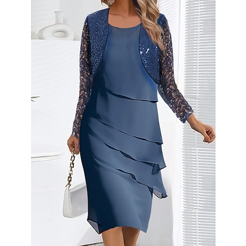 

Women's Two Piece Dress Set Party Dress Semi Formal Dress Tiered Dress Party Wedding Guest Elegant Fashion Ruffle Layered Mini Dress Crew Neck Long Sleeve Plain Regular Fit Navy Blue Fall Winter S M