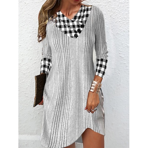 

Mujer Vestimenta casual Vestido de Suéter Vestido de invierno Plaid Frunce Estampado Escote en Pico Vestido Midi Activo Moda Exterior Diario Manga Larga Holgado Negro Blanco Vino Otoño Invierno S M L