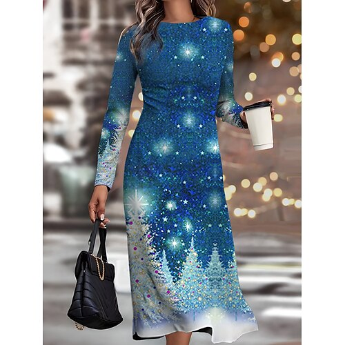 

robe de travail de Noël pour femme robe décontractée robe semi-formelle mode robe d'hiver robe midi quotidienne imprimé col rond manches longues élan flocon de neige mince noir vin bleu automne hiver