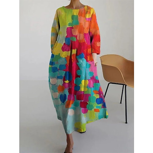 

Women's A Line Dress Loose Dress Maxi long Dress Patchwork Print Casual Vacation Crew Neck 3/4 Length Sleeve Spring Fall Winter Pink Red Flower