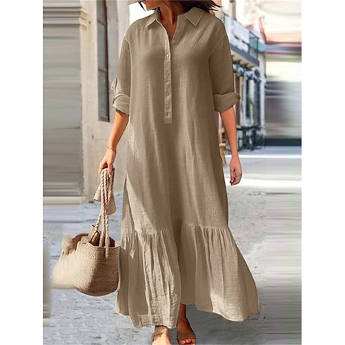 

Women's Casual Dress Cotton Dress Swing Dress Maxi long Dress Cotton Basic Classic Outdoor Daily Vacation Shirt Collar Ruched Button Long Sleeve Spring Fall Winter 2023 Loose Fit Blue Green khaki