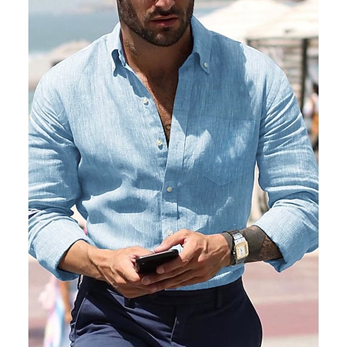 

Men's Shirt Linen Shirt Summer Shirt Beach Shirt Black White Blue Long Sleeve Plain Button Down Collar Spring & Summer Casual Daily Clothing Apparel