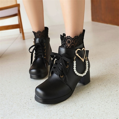 

Mulheres Botas Coturnos Lolita Botas de amarrar Festa Diário Botas Botas Tornozelo Pérolas Sintéticas Salto Robusto Ponta Redonda Moda Estilo bonito Couro Ecológico zíper Côr Sólida Preto Branco