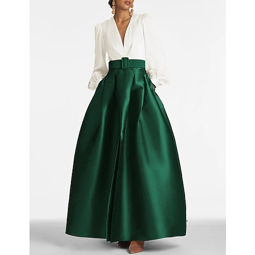 

A-Line Satin Green Dress Formal Plus Size Wedding Guest Dress Elegant Evening Gown High Split Pocket Long Sleeve Floor Length Color Block V Neck Belt With Pleats Slit 2024