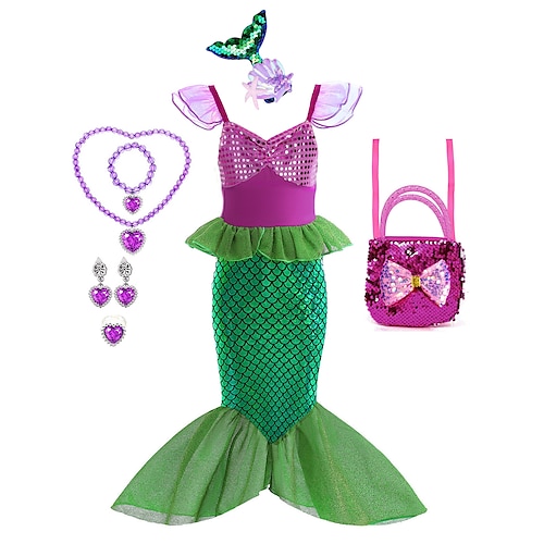 

La Sirenita Pequeña sirena Cola de Sirena Princesa Aqua Vestidos Disfraz de fiesta temática Chica Cosplay de película Cosplay Víspera de Todos los Santos Verde Vestido Conjunto de accesorios Víspera