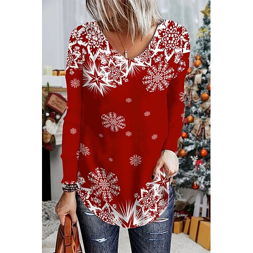 

Damen T Shirt Weihnachts-Shirt Rote Schneeflocke Bedruckt Langarm Party Weihnachten Wochenende Fest / Feiertage Druck Weihnachten V Ausschnitt Regular Fit Farbe Frühling Herbst