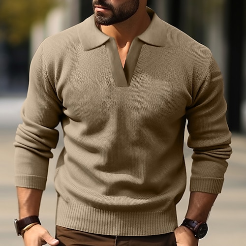 

Men's Pullover Sweater Jumper Cropped Sweater Ribbed Knit Regular Knitted Plain Lapel Modern Contemporary Work Daily Wear Clothing Apparel Winter Autumn Black Khaki M L XL