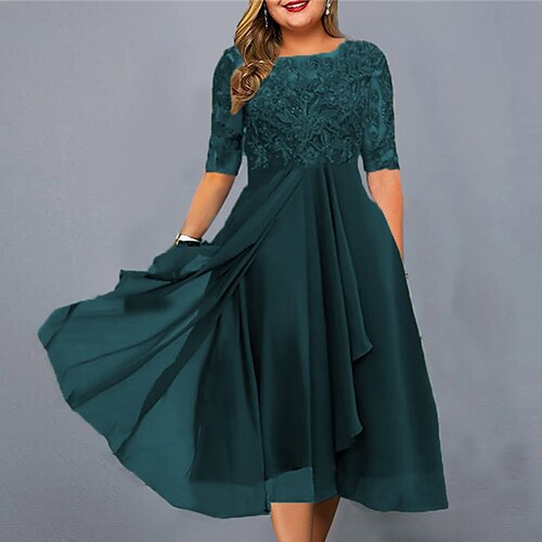 

Women's Plus Size Curve Casual Dress Solid Color Crew Neck Lace Half Sleeve Spring Fall Casual Midi Dress Daily Vacation Dress