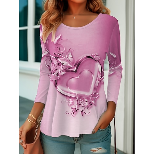 

Women's T shirt Tee Pink Blue Purple Heart Print Long Sleeve Valentine Weekend Fashion Round Neck Regular Fit Painting Spring Fall