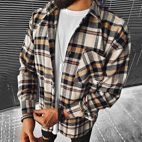 Mens Flannel Plaid Shirt Long Sleeve Button Down Fall Shacket