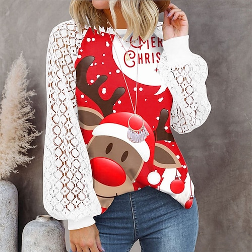 

Mujer Camiseta Camisa de Navidad Negro Vino Rojo Muñeco de Nieve Árbol de Navidad Reno Botón Estampado Manga Larga Navidad Fin de semana Festival / Vacaciones Escote Redondo Ajuste regular Pintura