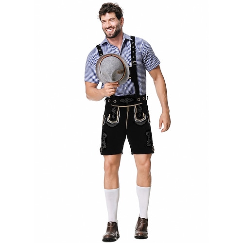  Μπύρα Oktoberfest Στολές Lederhosen Πουκάμισο βαυάρος βαυάρος Γερμανικά Λιβάδια Ανδρικά Πανί παραδοσιακού στυλ Μπλούζα Κοντά Παντελονάκια Καπέλο
