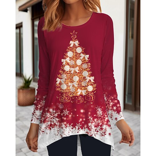 

Women's T shirt Tee Christmas Shirt Red Green Christmas Tree Snowflake Flowing tunic Print Long Sleeve Party Christmas Weekend Fashion Round Neck Regular Fit Painting Spring Fall