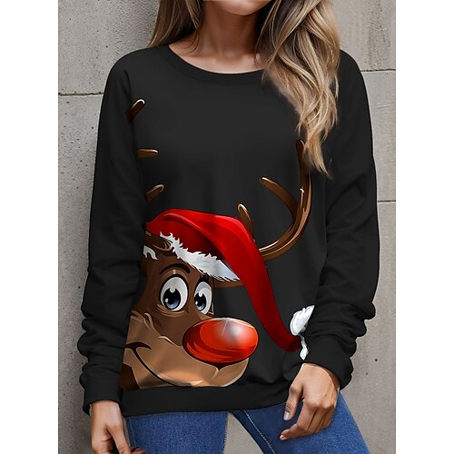 

Mujer Pull-over Sudadera navideña Activo Gracioso Festival Negro Rojo Reno Navidad Casual Escote Redondo Manga Larga Top Microelástico Otoño invierno