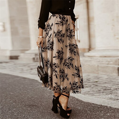 

Women's Skirt A Line Midi Organza Apricot Skirts Fall Winter Leaf Pattern Tulle Vintage Casual Street Daily S M L