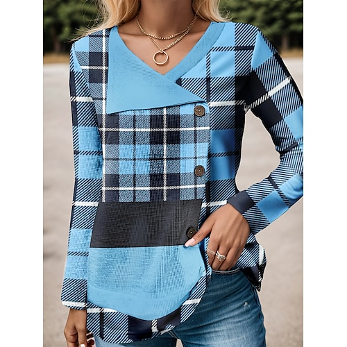 

Women's T shirt Tee Pink Blue Green Plaid Button Print Long Sleeve Daily Weekend Fashion V Neck Regular Fit Painting Spring Fall