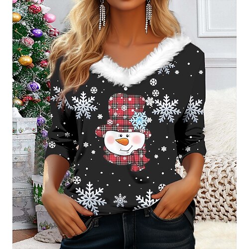 

Mujer Camiseta Camisa de Navidad Negro Muñeco de Nieve Copo Estampado Manga Larga Fiesta Navidad Fin de semana Festival / Vacaciones Navidad estola Escote en Pico Ajuste regular Pintura Primavera