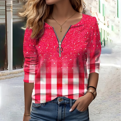 

Damen T Shirt Gelb Rote Blau Plaid Viertel Postleitzahl Bedruckt Langarm Täglich Wochenende Basic Neon und Hell V Ausschnitt Regular Fit Farbe Frühling Herbst