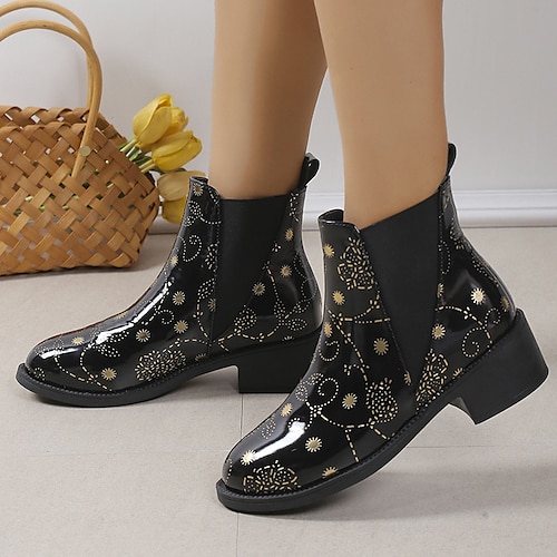 

Mujer Botas Botines chelsea Zapatos estampados Tallas Grandes Exterior Diario Botines Botines Talón de bloque Dedo redondo Vintage Clásico Casual PU Mocasín Color sólido Negro y Oro Negro