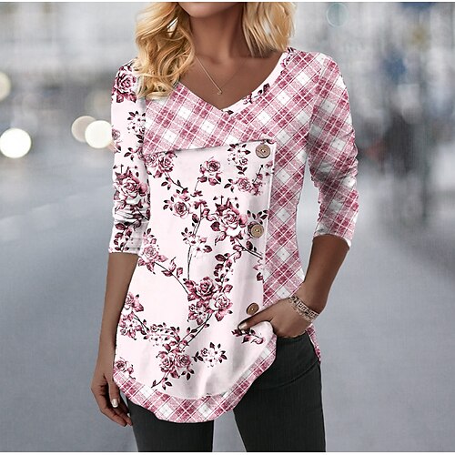 

Femme T shirt Tee Rose Claire Bleu Violet Floral Plaid Bouton Imprimer manche longue Vacances Fin de semaine Mode Col V Standard Fleur Peinture Printemps Automne