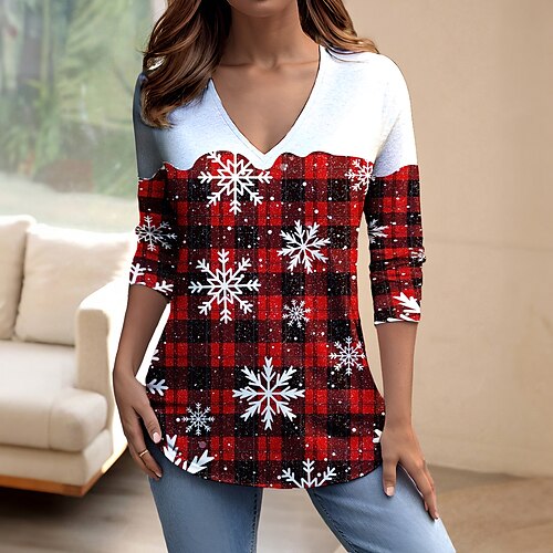 

Mujer Camiseta Camisa de Navidad Rojo Azul Piscina Morado Plaid Copo Estampado Manga Larga Fiesta Navidad Fin de semana Festival / Vacaciones Escote en Pico Ajuste regular Pintura Primavera Otoño