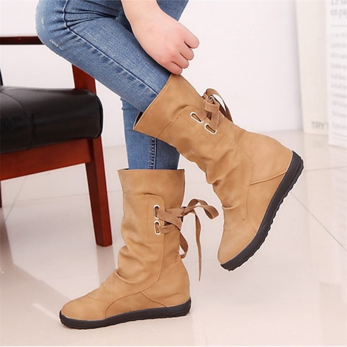 

Mulheres Botas Tamanhos Grandes Ao ar livre Diário Botas Botas Tornozelo Sem Salto Ponta Redonda Elegante Felpudo Casual Couro Ecológico Com Cadarço Côr Sólida Preto Marron Cinzento