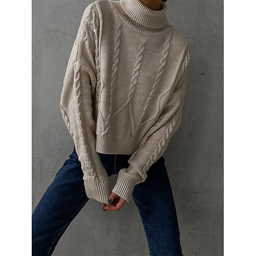 

Women's Pullover Sweater Jumper Turtleneck Cable Knit Polyester Oversized Fall Winter Regular Outdoor Daily Date Fashion Stylish Casual Long Sleeve Solid Color Camel Beige Gray S M L