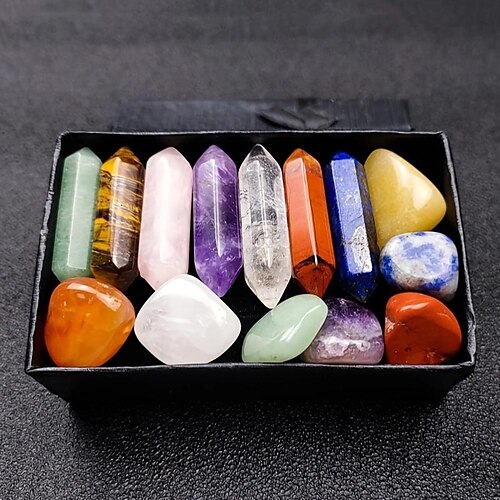 

14 Uds piedra de cuarzo puntiaguda, juego de piedras curativas de chakras, gemas hexagonales de cuarzo rosa para decoración de dormitorio de meditación, diseño de caja de regalo único