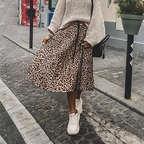 

Mulheres Saia Saia longa Médio Poliéster Leopardo Cinzento Saias Primavera Verão Pregueado Com Cordão Imprimir Moda Elegante Casual Rua Diário S M L