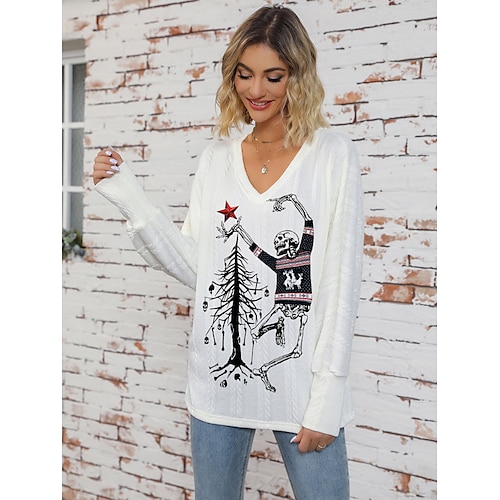 

mujer jersey suéter jersey cuello en pico canalé estampado otoño invierno regular navidad elegante suave manga larga a cuadros esqueleto blanco / negro blanco s m l