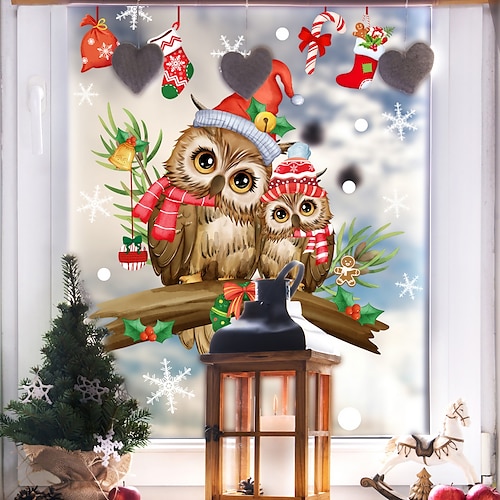 

Autocollant en verre de hibou de dessin animé de branche d'arbre de noël, autocollant mural auto-adhésif pour la décoration de fenêtre festive, cadeau parfait pour célébrer noël, jour de Thanksgiving