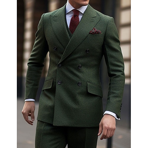 

Costume Homme Mariage Ensemble 2 pièces Vert foncé Couleur Pleine Coupe ajustée Double Boutonnage à Six boutons 2023