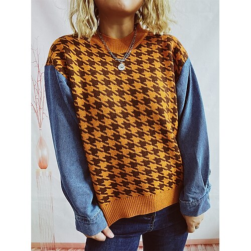 

Mulheres Pulôver suéter Gola Redonda Robusto Tricotar Poliéster Patchwork Primavera Outono Inverno Padrão Escola Formal Diário Moda Diário Estilo vintage Manga Longa Houndstooth Preto Amarelo Marron