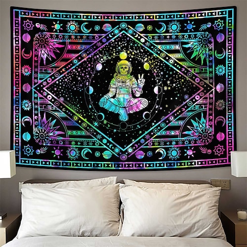 

mandala boêmio tapeçaria de luz negra uv reativo brilho no escuro astronauta sol lua trippy enevoado pendurado tapeçaria mural de arte de parede para sala de estar quarto