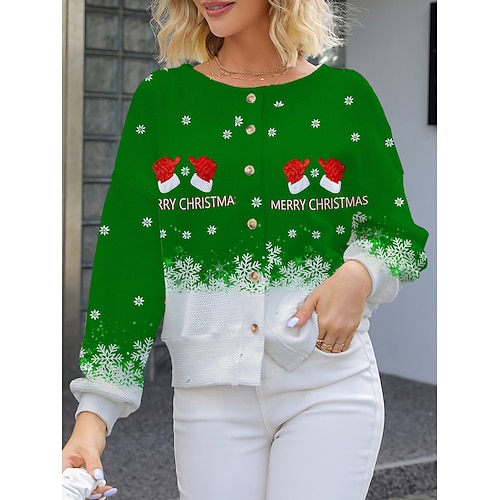 

femme laid noël pull cardigan pull veste col rond tricot côtelé polyester bouton tricoté imprimé automne hiver court extérieur noël vacances quotidien élégant décontracté manches longues lettre