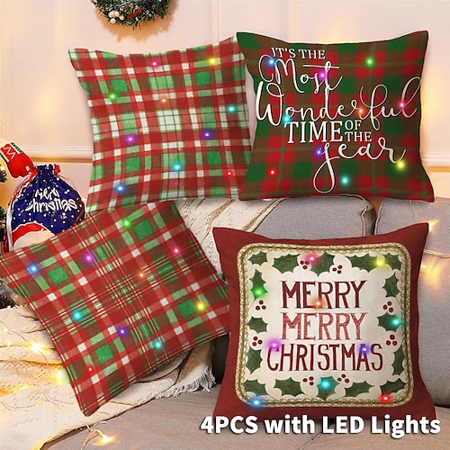 

Housse de coussin avec lumières LED de Noël, 4 pièces, taie d'oreiller carrée décorative douce pour fête de noël, pour chambre à coucher, salon, canapé, chaise, qualité supérieure