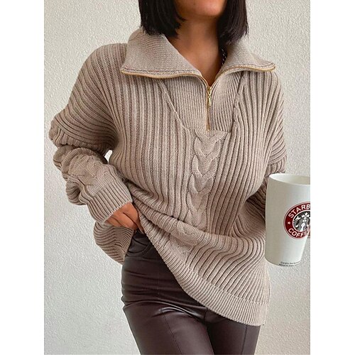 

Damen-Pullover mit Reißverschluss, Hemdkragen, Pullover, Zopfmuster, Polyester, gestrickt, Herbst, Winter, normal, draußen, täglich, Ausgehen, Streetwear, stilvoll, lässig, langärmlig, Farbblock,