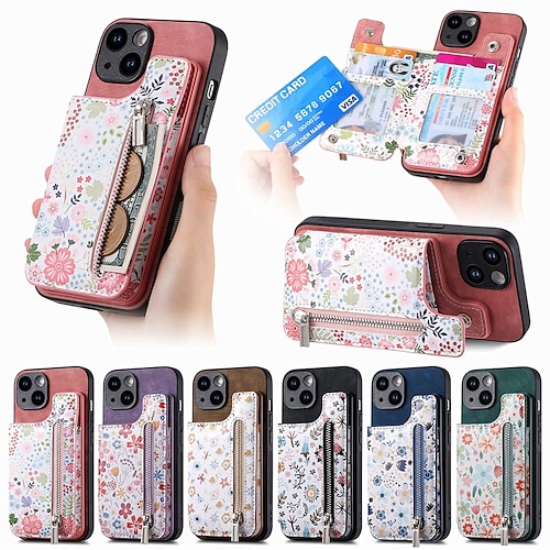 

telefone Capinha Para iPhone 15 Pro Max Plus iPhone 14 13 12 11 Pro Max Mini SE X XR XS Max 8 7 Plus Capa para Cartão Wallet Zíper Pata de Apoio Slot para cartão flor floral TPU PC Couro PU