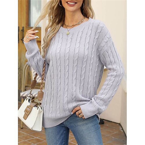 

Pull Maille Femme torsadé Tricoter Normal énorme Couleur unie Col Ras du Cou mode Décontractées Extérieur du quotidien manche longue Automne Hiver Vert Véronèse Violet S M L