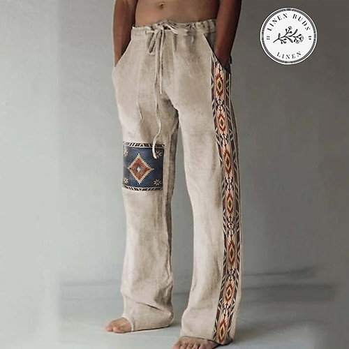 

Men's Linen Pants Trousers Summer Pants Beach Pants Drawstring Elastic Waist 3D Print Geometric Pattern Graphic Prints Comfort Casual Daily Holiday 20% Linen Vintage Ethnic Style Black Yellow