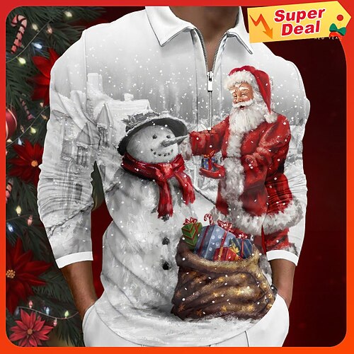 

Weihnachtsmann Schneemann Brautkleider schlicht Herren 3D Bedruckt Zip Polo Golfpolo Outdoor Casual Strassenmode Weihnachten Polyester Langarm Umlegekragen Zip Polo-Shirts Schwarz Weiß Blau Herbst