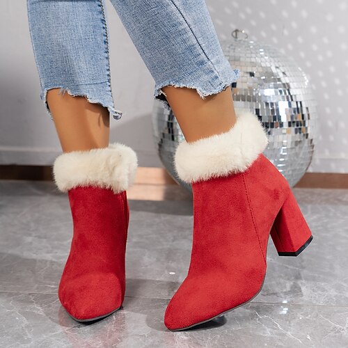 

Women's Boots Xmas Shoes Plus Size Heel Boots Christmas Xmas Daily Fleece Lined Booties Ankle Boots Winter Chunky Heel Pointed Toe Fashion Casual Suede Loafer Black Red