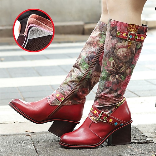 

Women's Boots Handmade Shoes Heel Boots Daily Knee High Boots Zipper Chunky Heel Round Toe Vintage Fashion Leather Polyester Sheepskin Zipper Floral Light Red