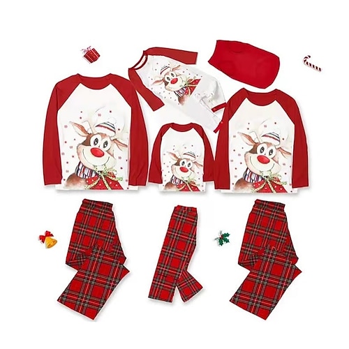 

Family Christmas Pajamas Graphic Cartoon Plaid Home Print Red Long Sleeve Mommy And Me Outfits Active Matching Outfits