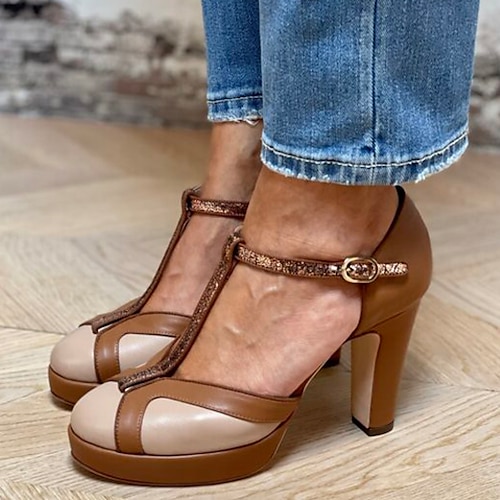 

Mulheres Saltos Botas com salto Mary Janes Trabalho Diário Plataforma Salto Robusto Ponta Redonda Punk Moda Elegante Caminhada Couro Ecológico Fivela Bloco de cor Marron