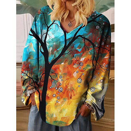 

Mulheres Camiseta Azul Gráfico Imprimir Manga Longa Diário Final de semana Moda gola de pele Decote V Normal Tema Flores Pintura Primavera Outono